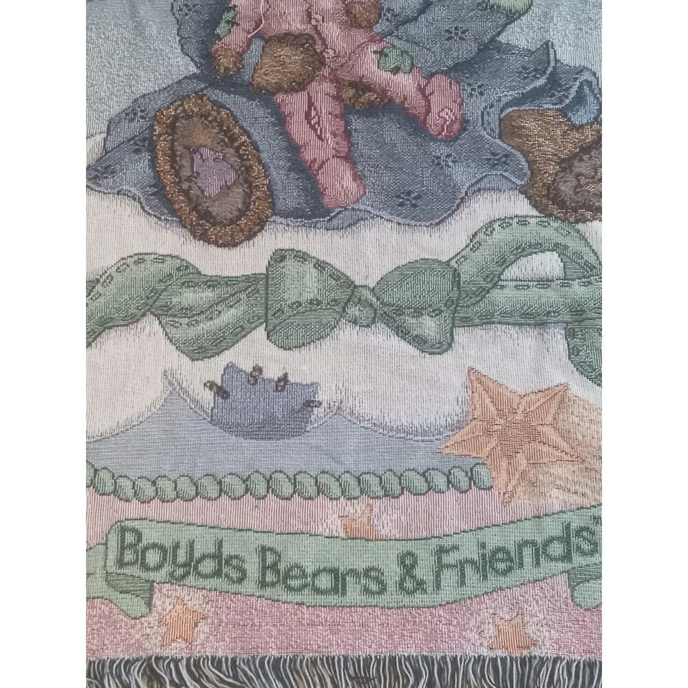 Boyds Bears & Friends Woven Tapestry Throw Blanket Angel Teddy Bear Pink Blue